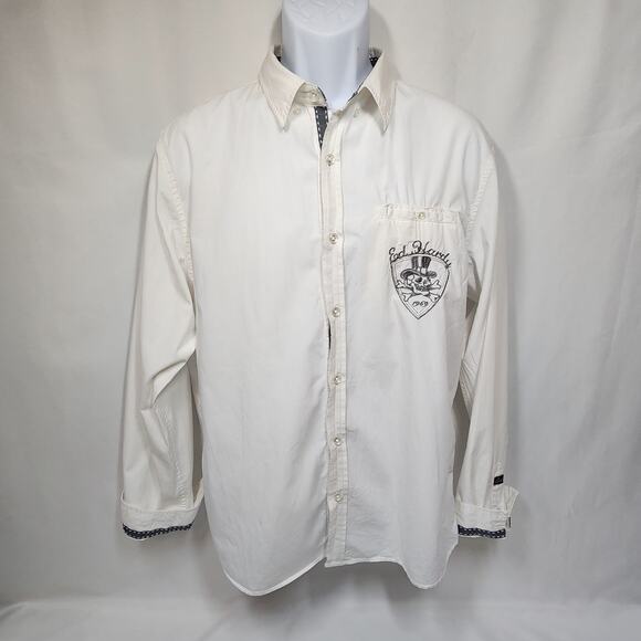 Ed Hardy Long Sleeve White Button-Up Large Skull On Pocket - Picture 1 of 11
